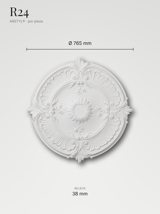 Rosetón R24 con sus medidas: 765 mm de diámetro y 38 mm de relieve