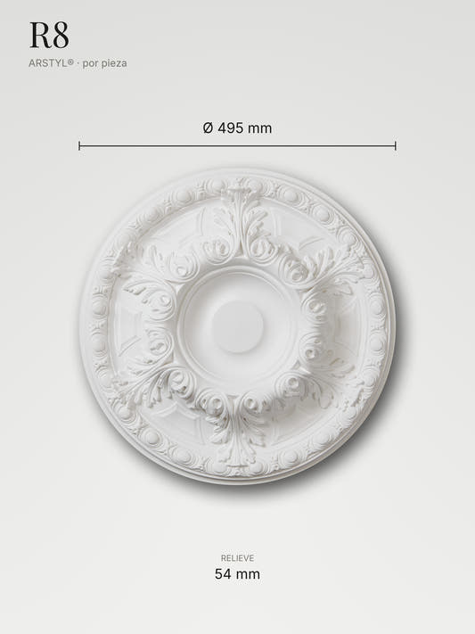 Rosetón R8 con sus medidas: 495 mm de diámetro y 54 mm de relieve