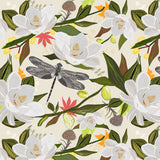 Mantel de Hule Magnolia Tree, Flowers and Dragonfly Beige