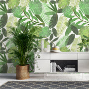 Papel Mural Green Tropical Watercolor Leaves Pattern
