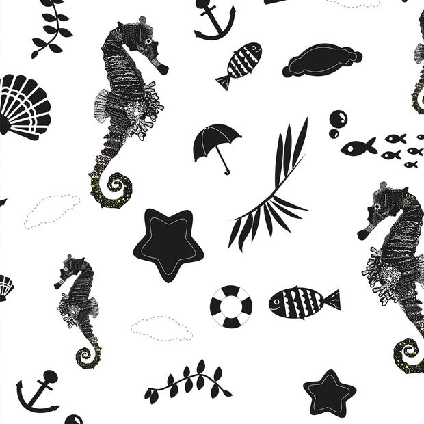 Mantel de Hule SEAHORSE AND SEA PLANTS BLACK WHITE
