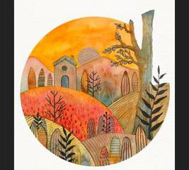 Cuadro Circular watercolor landscape 2
