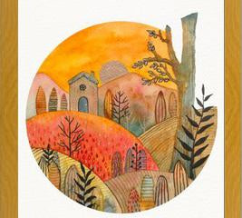 Cuadro Circular watercolor landscape 2