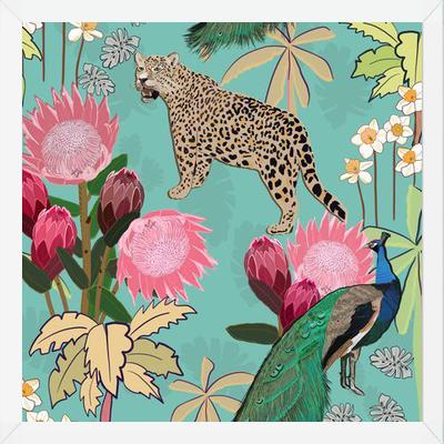 Cuadro Tiger and peacock with flowers turquoise