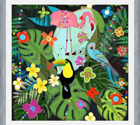 Cuadro Tropical flowers and birds. Vibrant colored botani