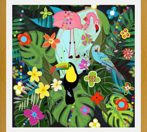 Cuadro Tropical flowers and birds. Vibrant colored botani