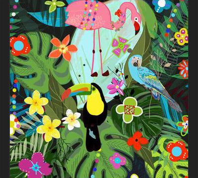 Cuadro Tropical flowers and birds. Vibrant colored botani