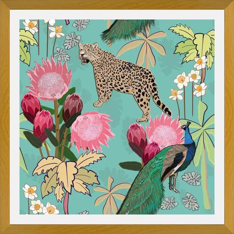 Cuadro Tiger and peacock with flowers turquoise