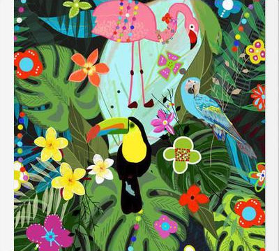 Cuadro Tropical flowers and birds. Vibrant colored botani