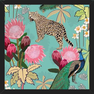 Cuadro Tiger and peacock with flowers turquoise