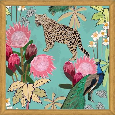Cuadro Tiger and peacock with flowers turquoise