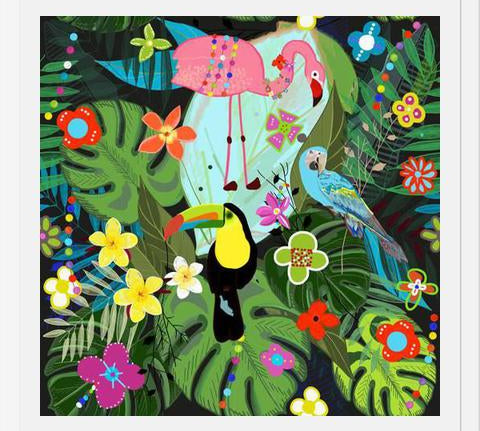 Cuadro Tropical flowers and birds. Vibrant colored botani