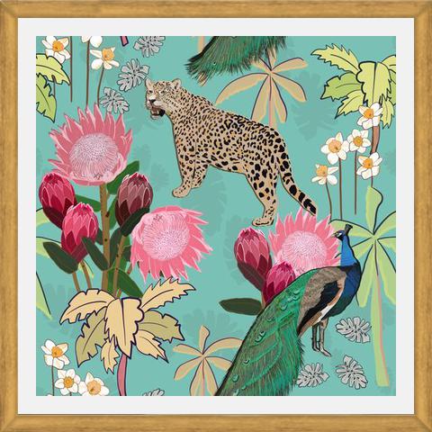 Cuadro Tiger and peacock with flowers turquoise
