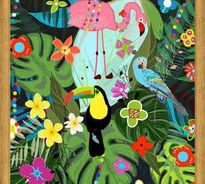 Cuadro Tropical flowers and birds. Vibrant colored botani