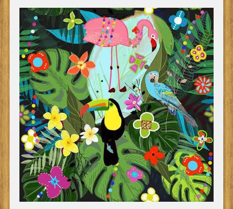 Cuadro Tropical flowers and birds. Vibrant colored botani