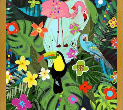 Cuadro Tropical flowers and birds. Vibrant colored botani