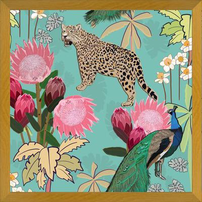 Cuadro Tiger and peacock with flowers turquoise