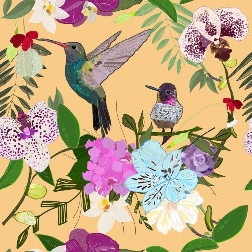 Canvas Orchid, Alstroemerias and Cute Humming Birds Patte